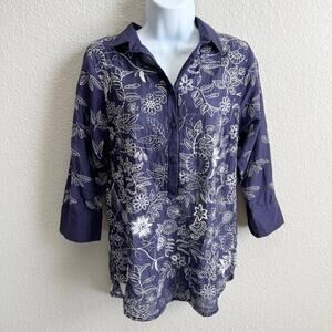 Gretchen Scott Floral Embroidered Tunic Top Women's XS Navy Blue Cotton Blouse